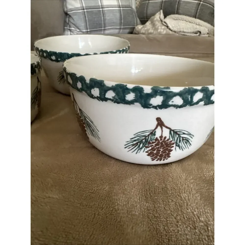 Tienshan Folk Craft Soup/Cereal Bowls Pine Cone Stoneware Spongeware Set Of 3